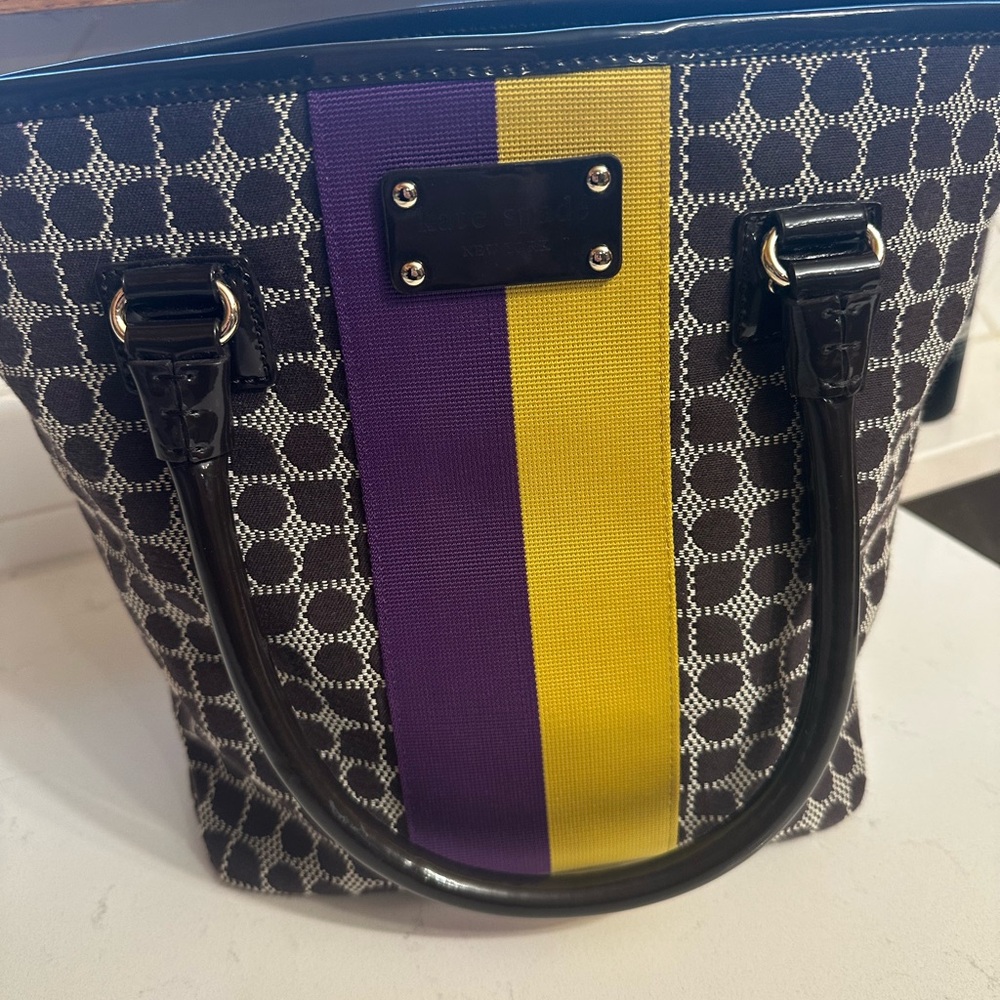 Kate Spade Designer-Style Brown Canvas Tote with Purple and Yellow Stripe